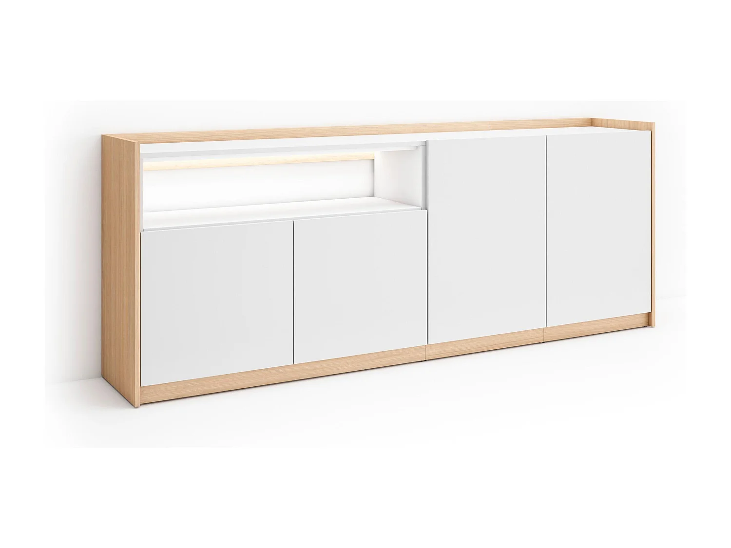 Credenza, Mobile, Cucina, 207x80x37 cm, 4 Porte, LED, Bianco e Rovere soft