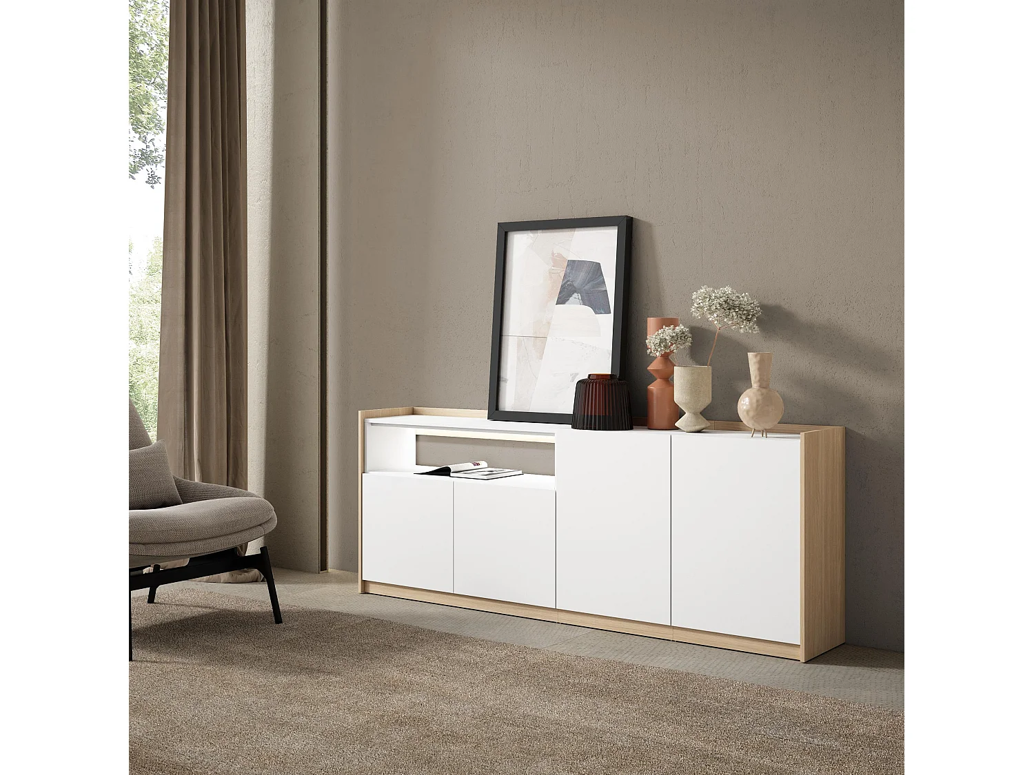Credenza, Mobile, Cucina, 207x80x37 cm, 4 Porte, LED, Bianco e Rovere soft