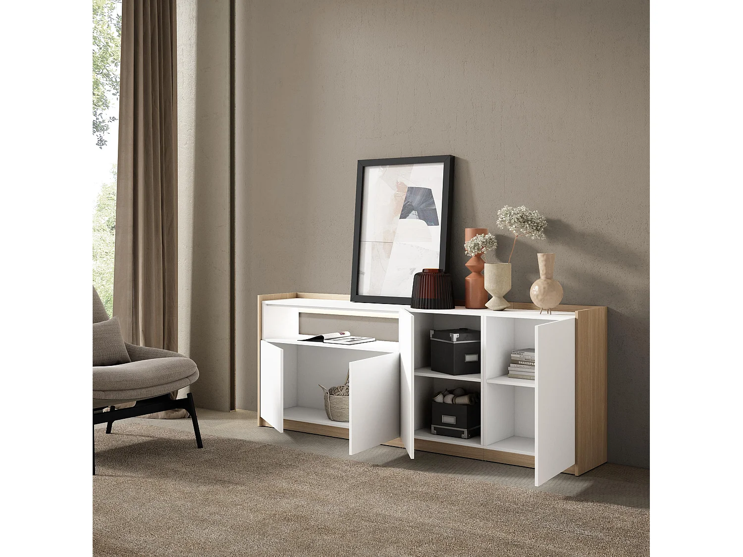 Credenza, Mobile, Cucina, 207x80x37 cm, 4 Porte, LED, Bianco e Rovere soft
