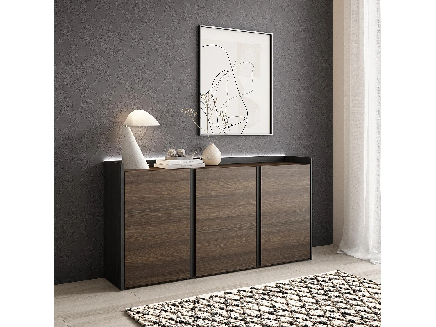 Credenza, Mobile, Cucina, 156x80x35 cm, 3 Porte, LED, Rovere scuro e Nero