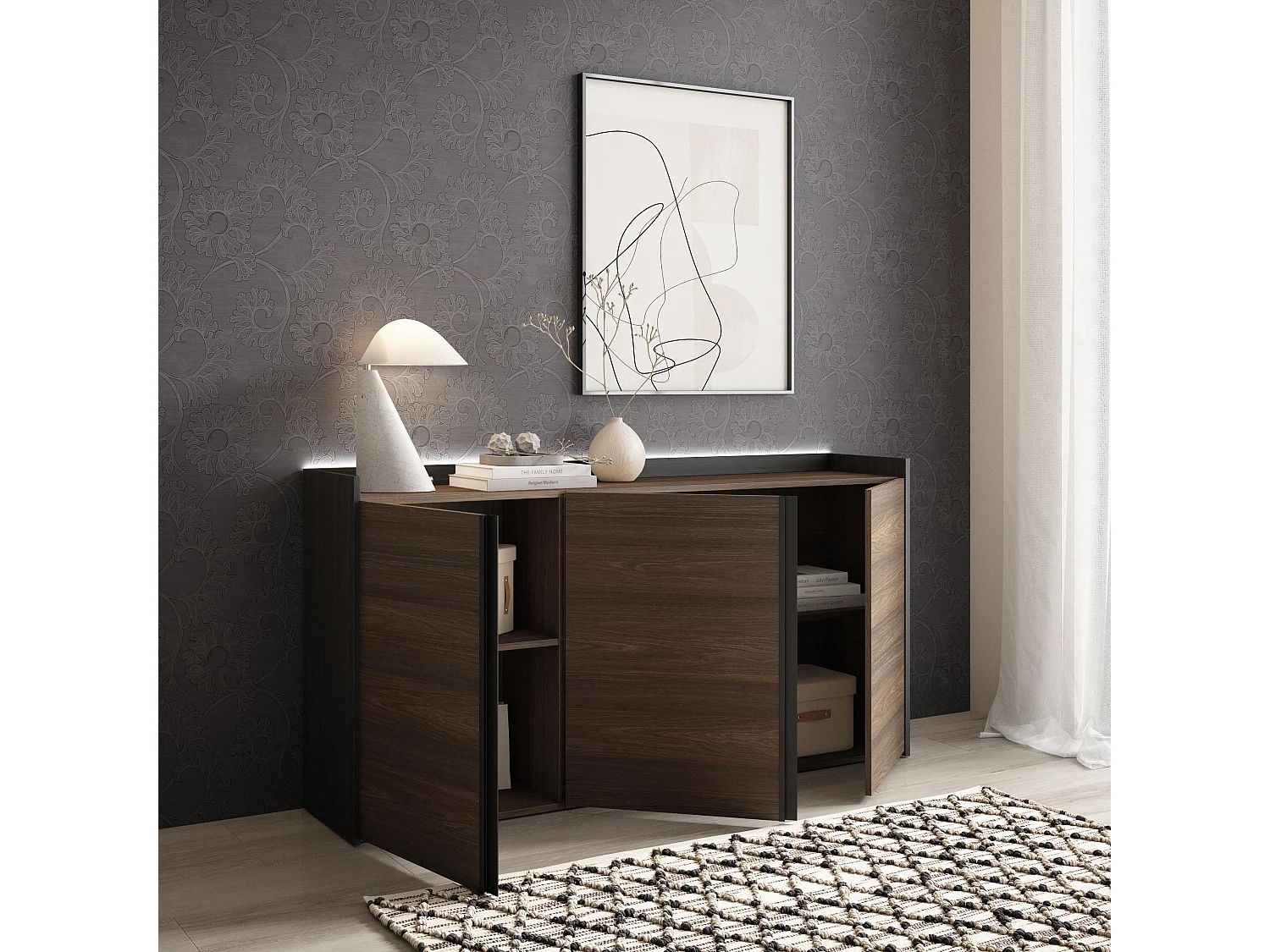 Credenza, Mobile, Cucina, 156x80x35 cm, 3 Porte, LED, Rovere scuro e Nero