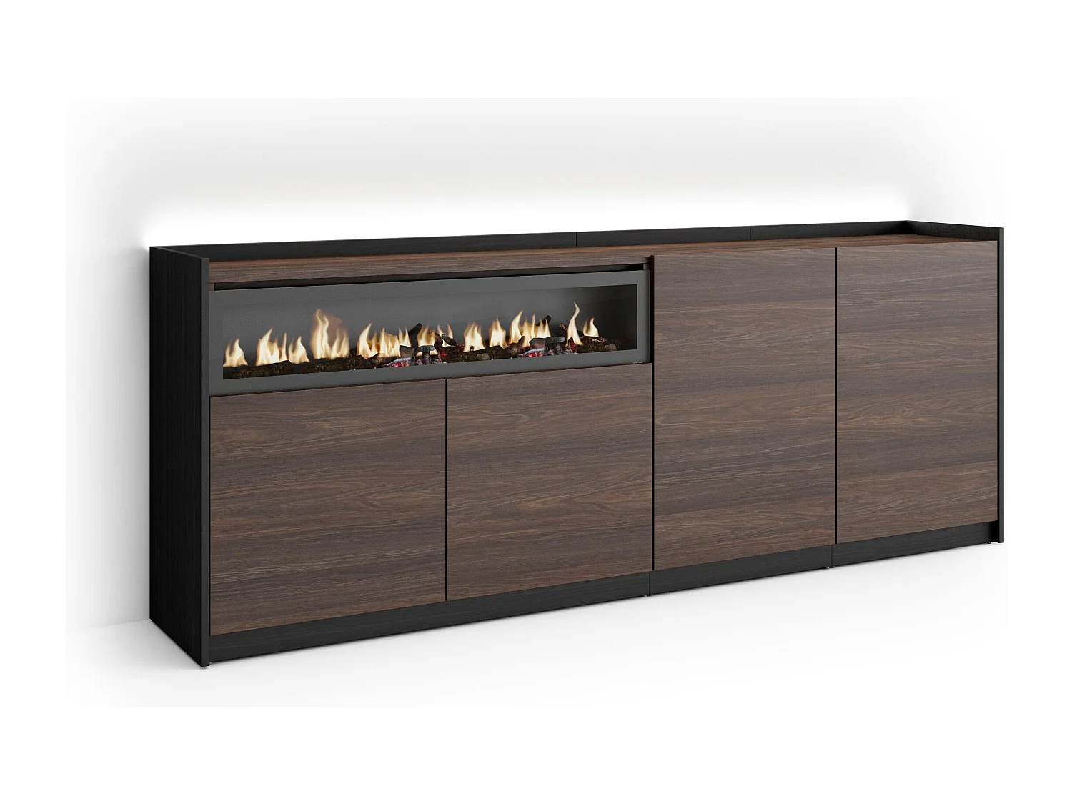 Credenza, Mobile, Cucina, 207x80x37 cm, 4 Porte, Camino elettrico, LED, Rovere scuro e Nero