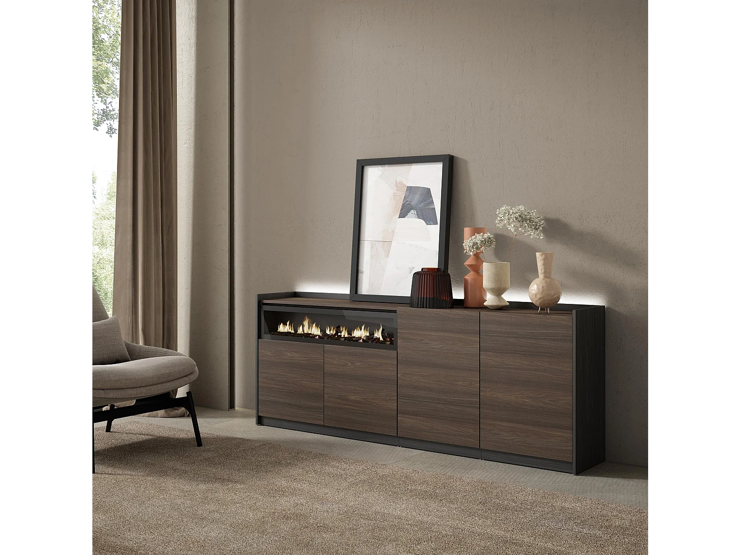 Credenza, Mobile, Cucina, 207x80x37 cm, 4 Porte, Camino elettrico, LED, Rovere scuro e Nero
