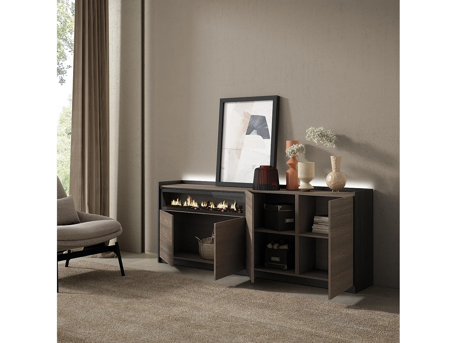 Credenza, Mobile, Cucina, 207x80x37 cm, 4 Porte, Camino elettrico, LED, Rovere scuro e Nero