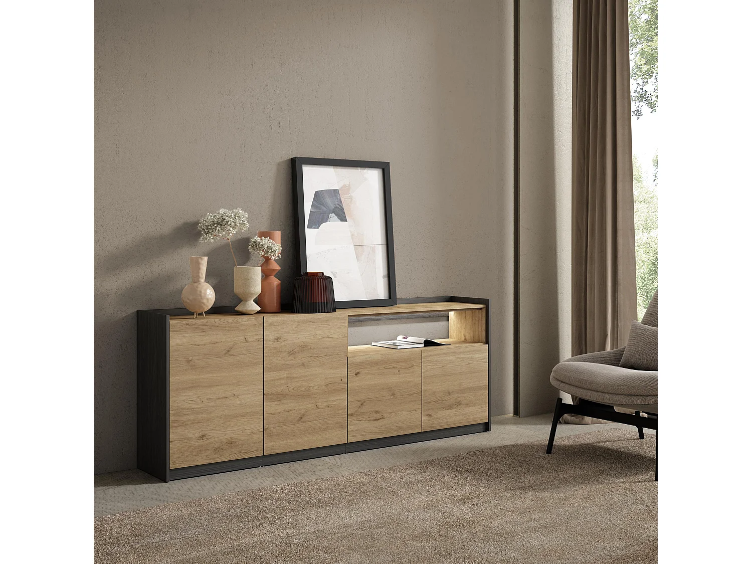 Credenza, Mobile, Cucina, 207x80x37 cm, 4 Porte, LED, Rovere e nero