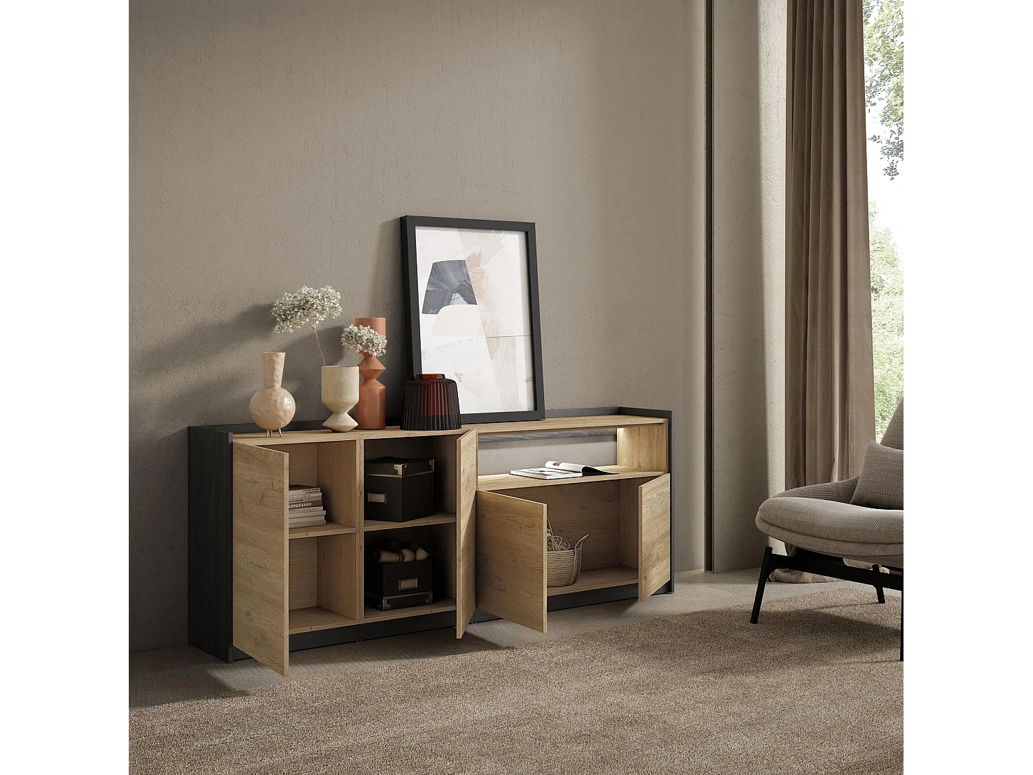 Credenza, Mobile, Cucina, 207x80x37 cm, 4 Porte, LED, Rovere e nero