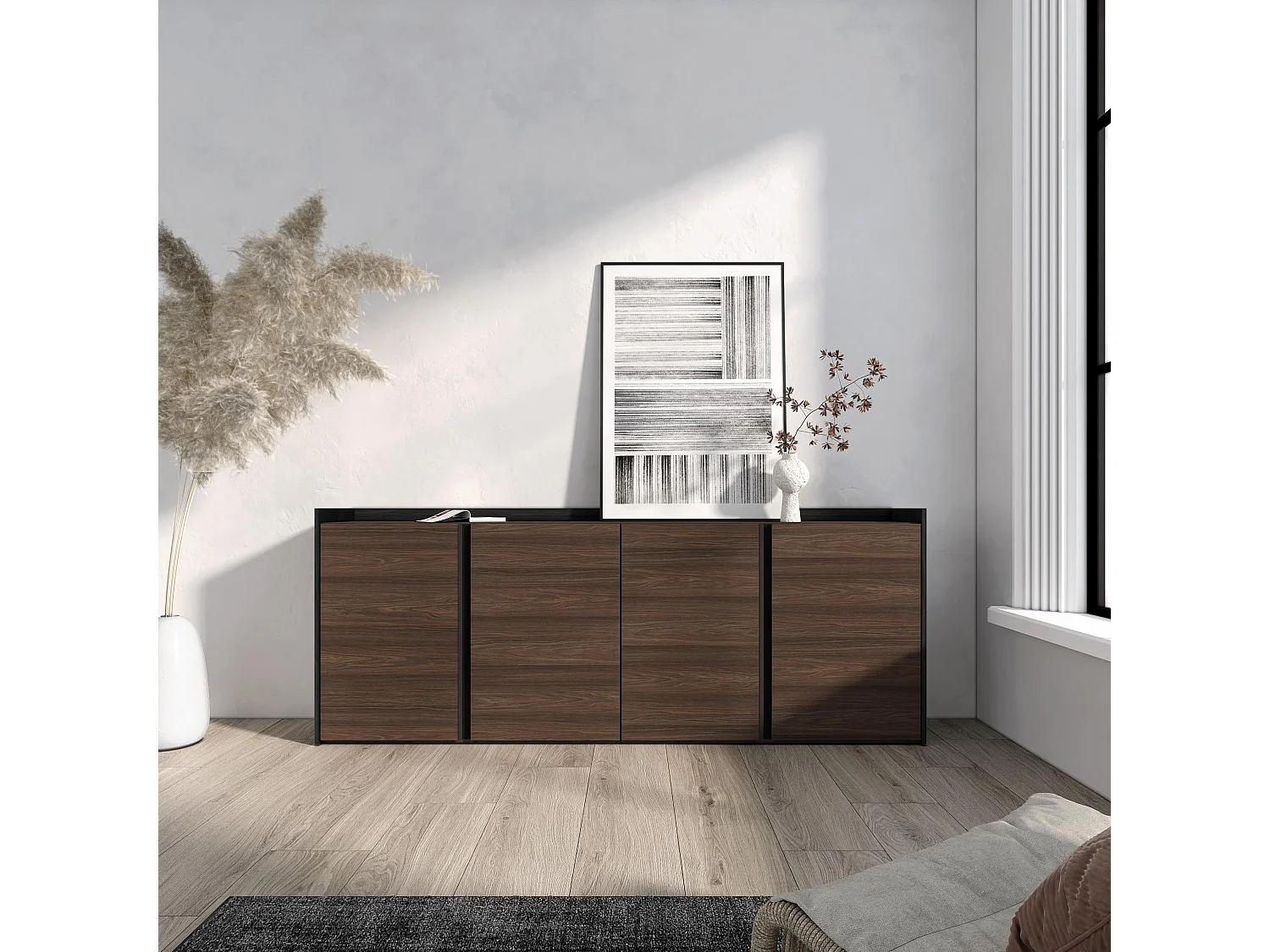 Buffet salon et cuisine, 207x80x35 cm, 4 Portes, Meuble chaussure, Chêne foncé et Noir