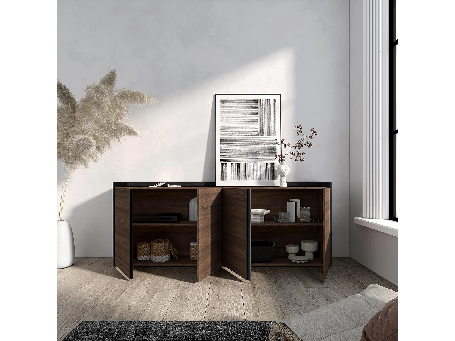 Buffet salon et cuisine, 207x80x35 cm, 4 Portes, Meuble chaussure, Chêne foncé et Noir