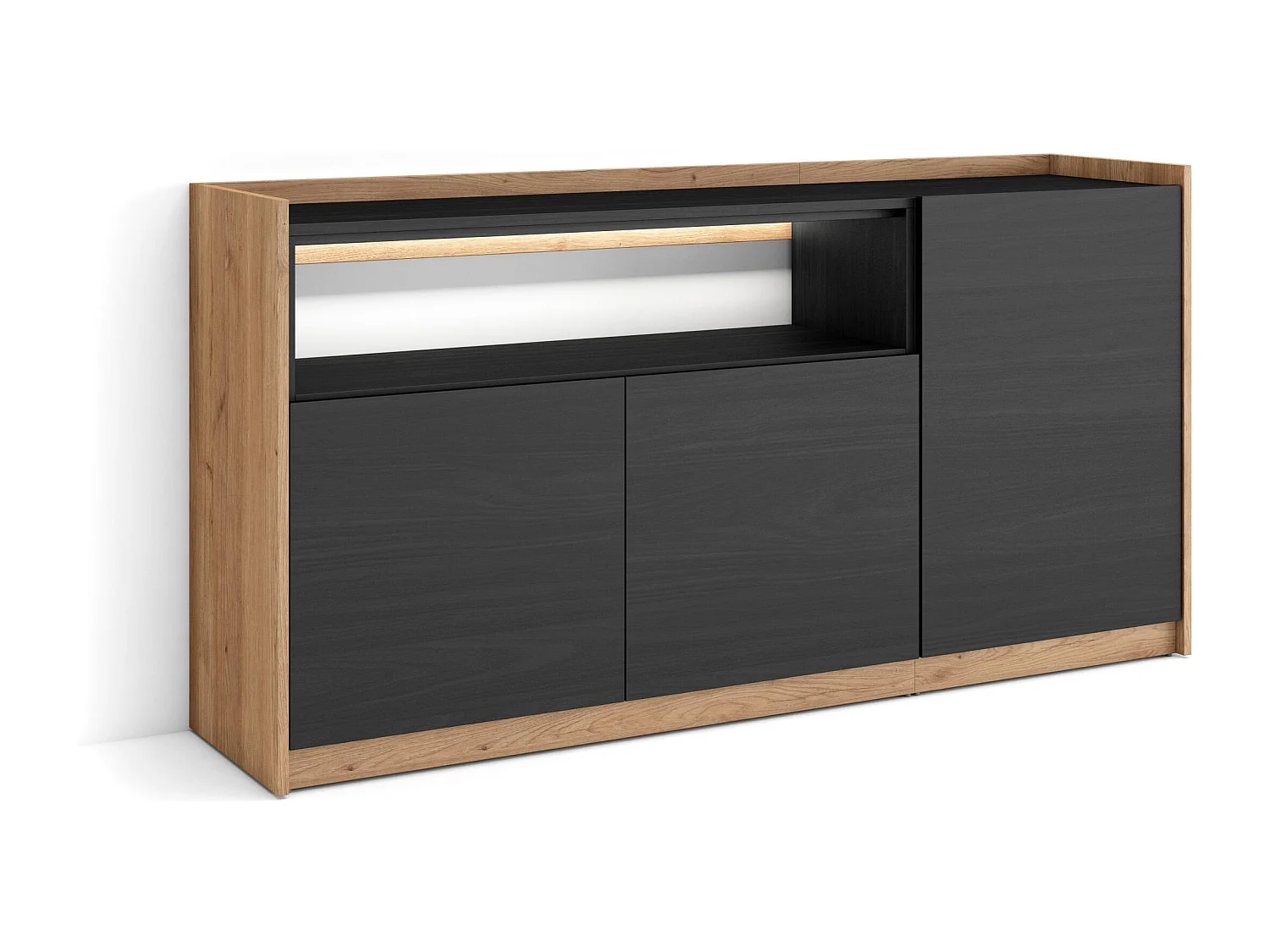 Credenza, Mobile, Cucina, 156x80x37 cm, 3 Porte, LED, Nero e rovere