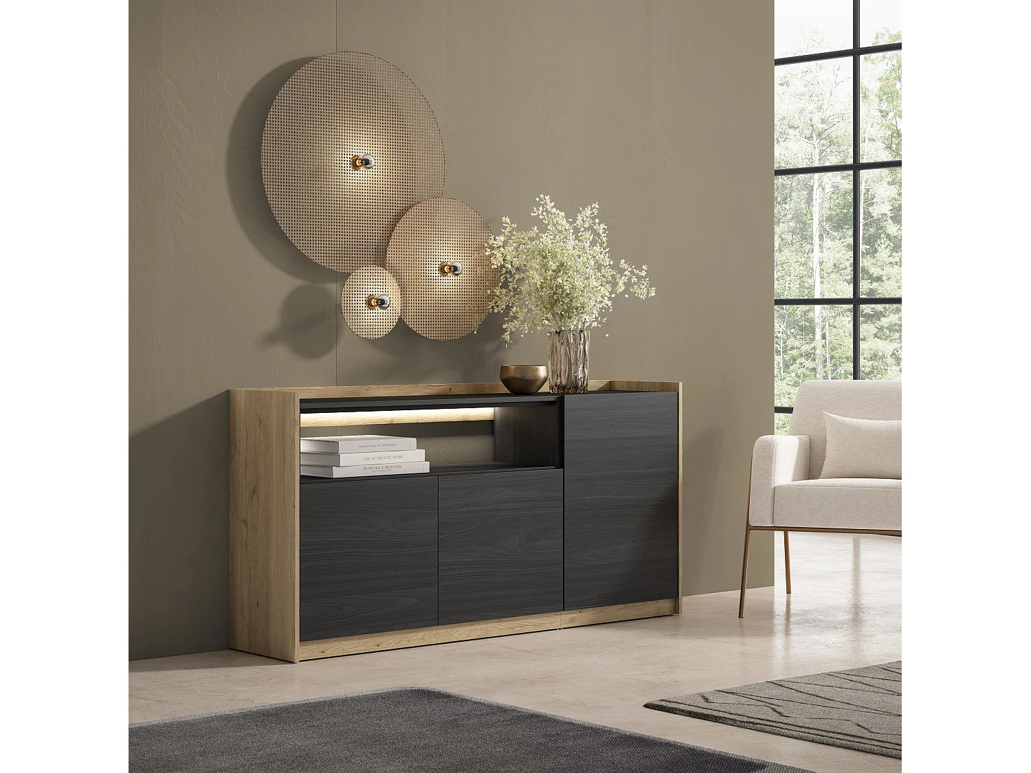 Credenza, Mobile, Cucina, 156x80x37 cm, 3 Porte, LED, Nero e rovere