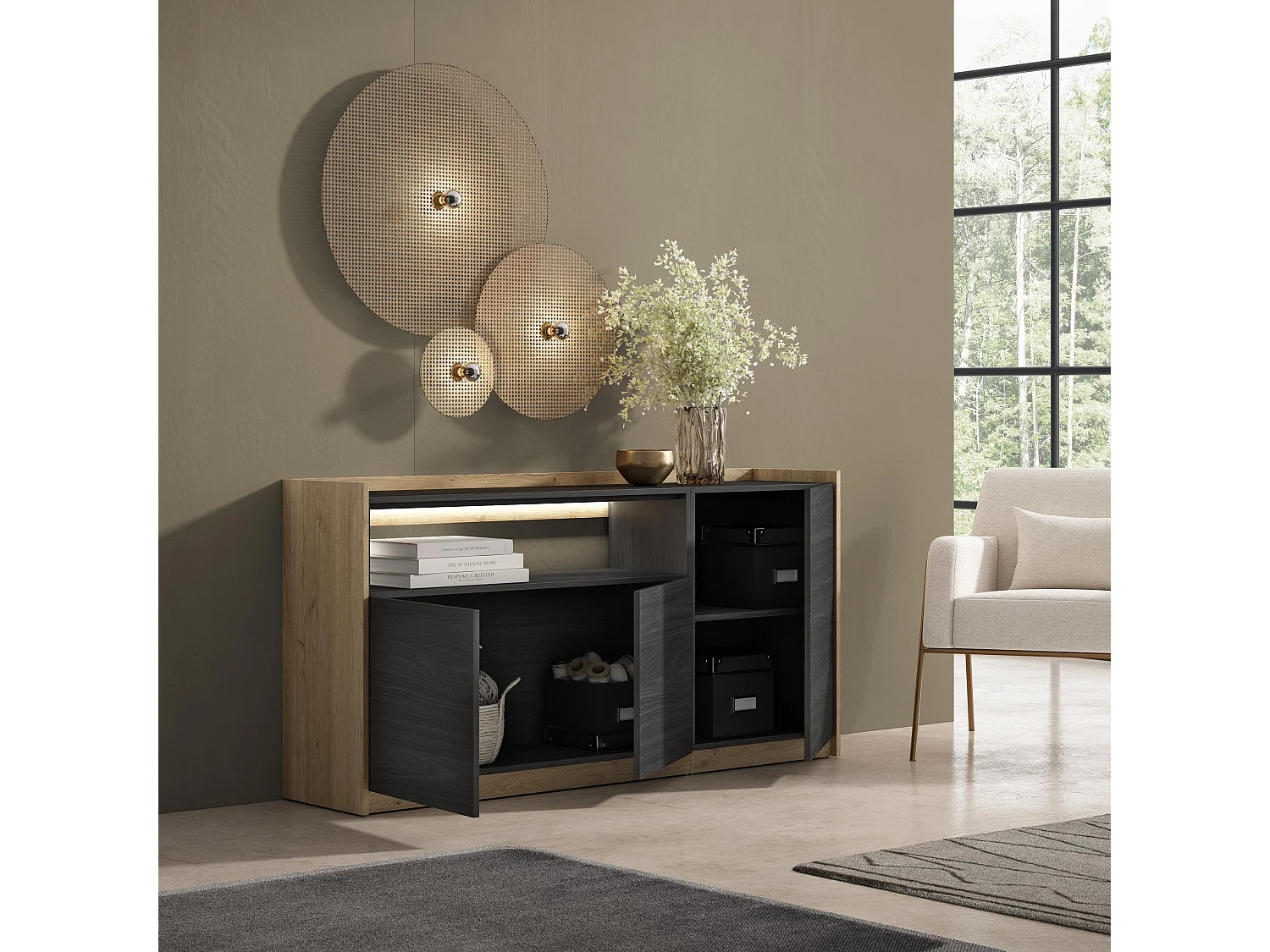 Credenza, Mobile, Cucina, 156x80x37 cm, 3 Porte, LED, Nero e rovere