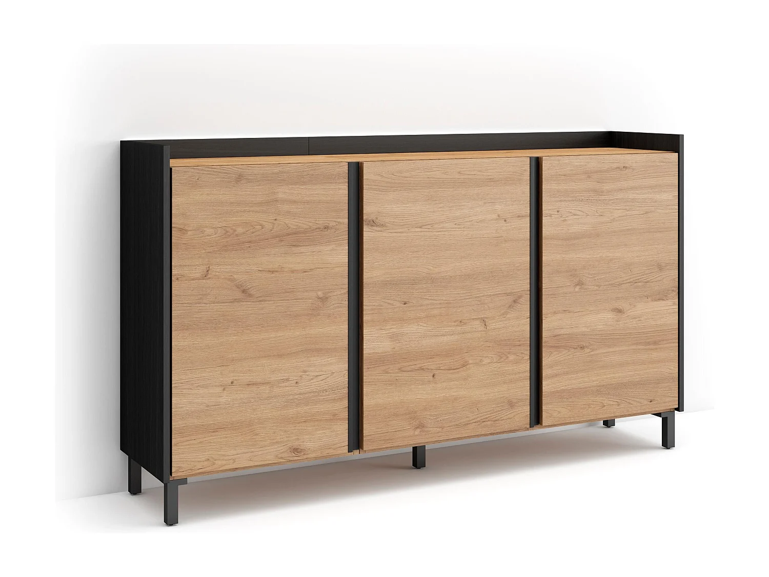 Credenza, Mobile, Cucina, 156x91x35 cm, 3 Porte, Design industriale, LED, Rovere e nero