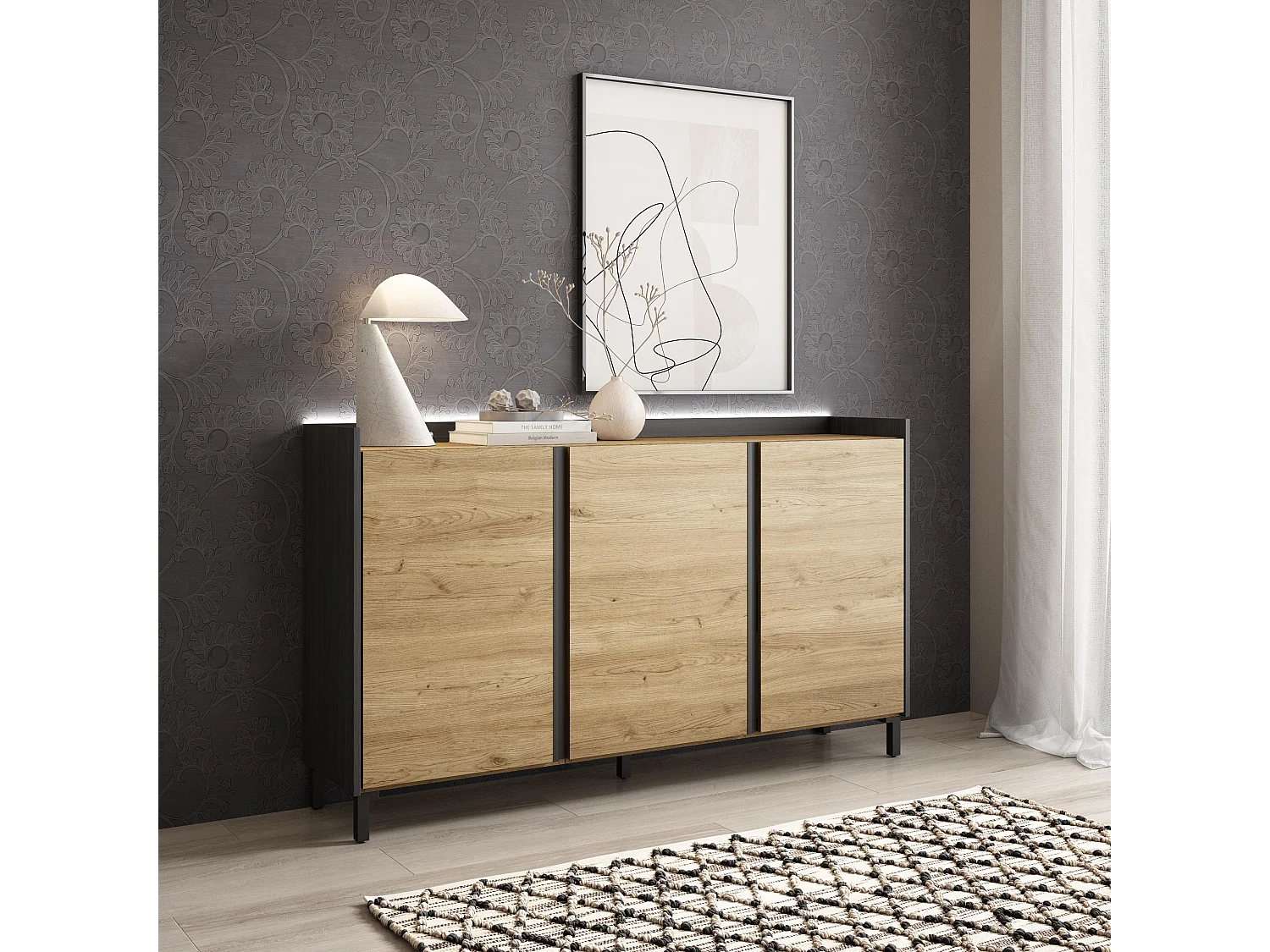 Credenza, Mobile, Cucina, 156x91x35 cm, 3 Porte, Design industriale, LED, Rovere e nero