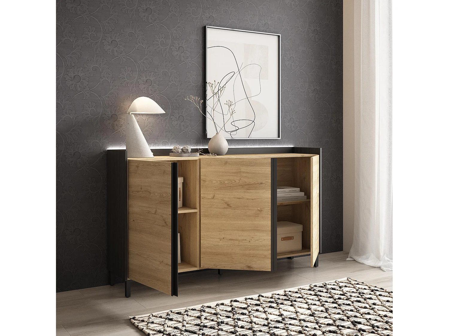 Credenza, Mobile, Cucina, 156x91x35 cm, 3 Porte, Design industriale, LED, Rovere e nero