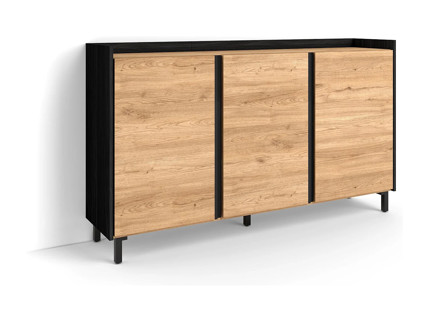 Dressoir, Opbergkast, 156x91x35 cm, 3 Deuren, Industrieel design, Eiken/Zwart