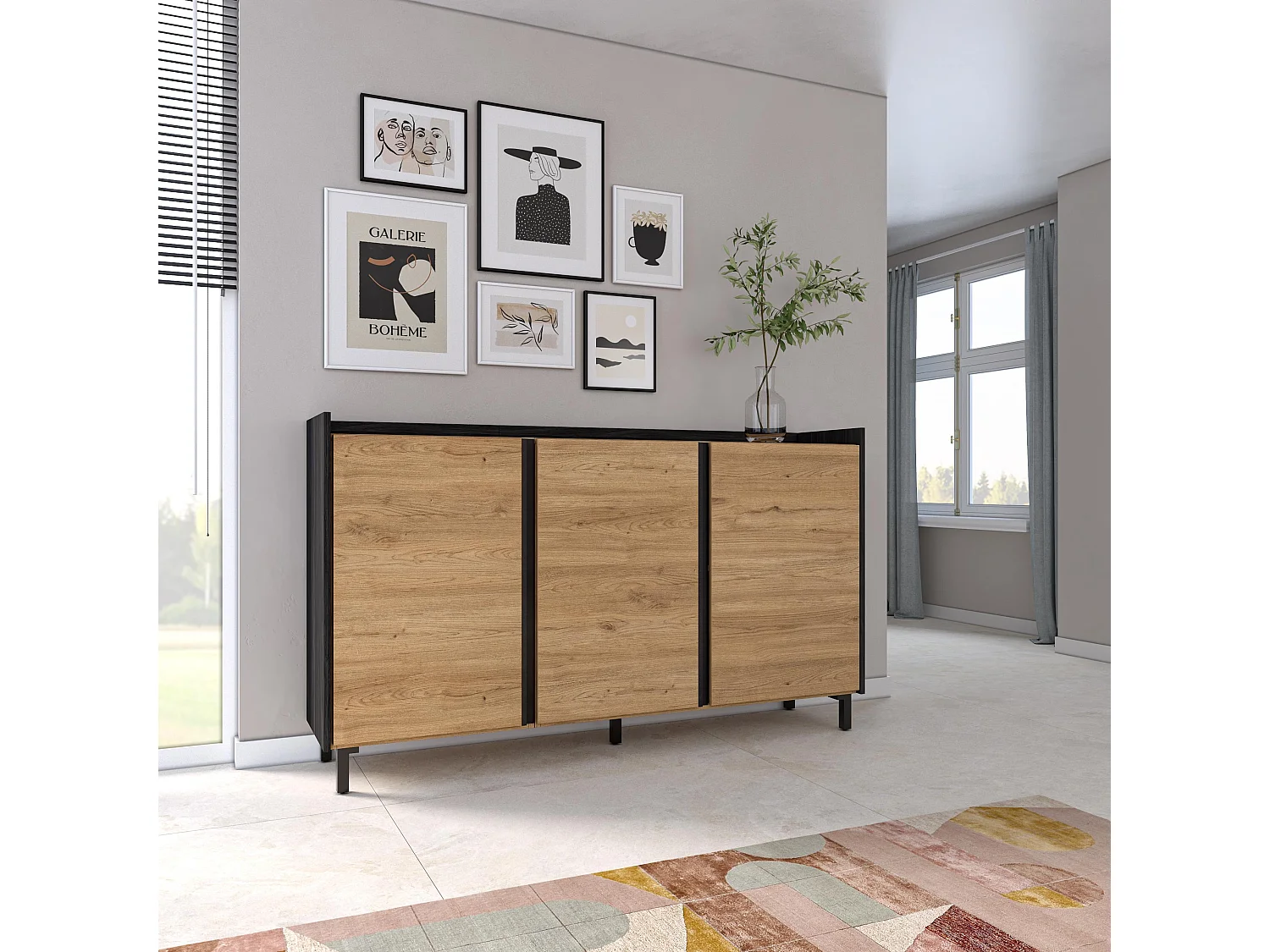 Dressoir, Opbergkast, 156x91x35 cm, 3 Deuren, Industrieel design, Eiken/Zwart