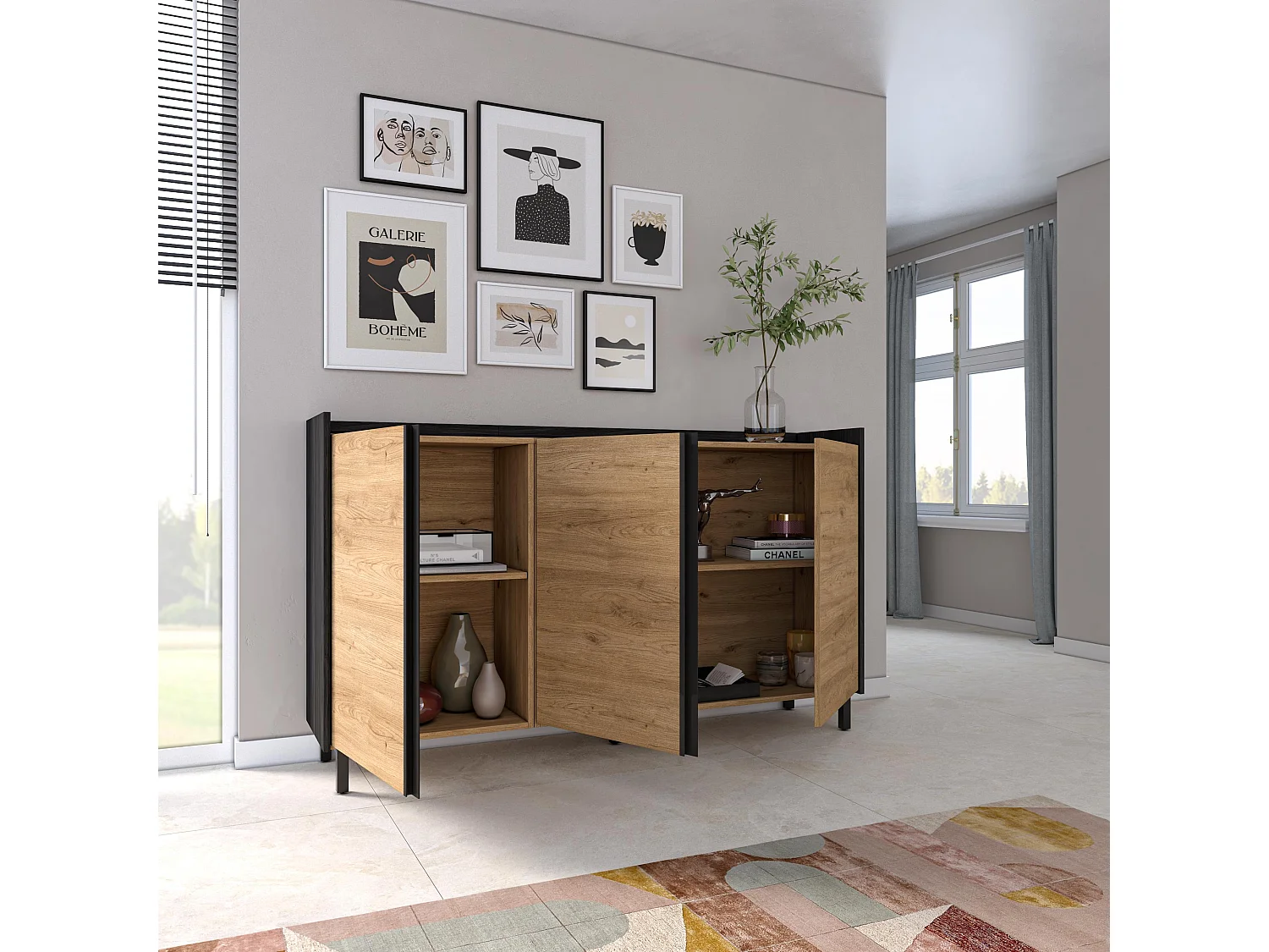 Dressoir, Opbergkast, 156x91x35 cm, 3 Deuren, Industrieel design, Eiken/Zwart