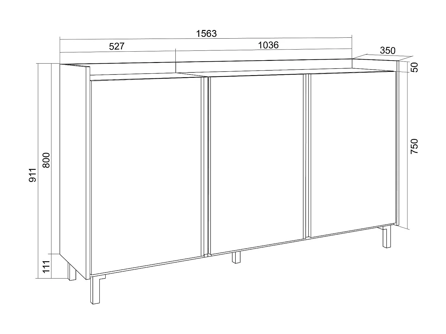 Dressoir, Opbergkast, 156x91x35 cm, 3 Deuren, Industrieel design, Eiken/Zwart