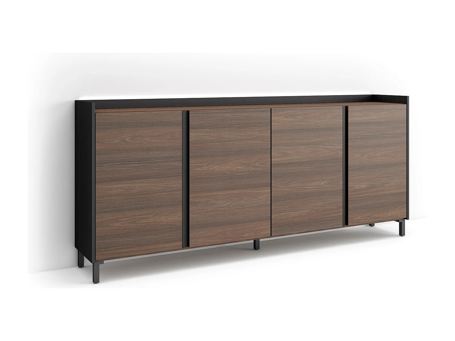 Dressoir, Opbergkast, 207x91x35 cm, 4 Deuren, Industrieel design, LED, Donkere eik en Zwart
