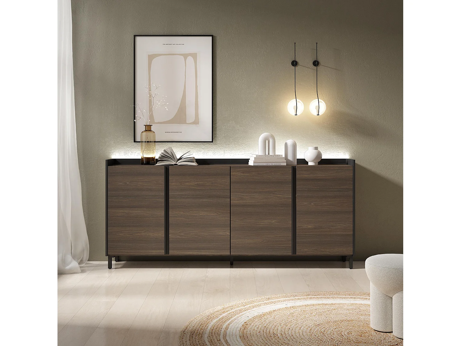 Dressoir, Opbergkast, 207x91x35 cm, 4 Deuren, Industrieel design, LED, Donkere eik en Zwart