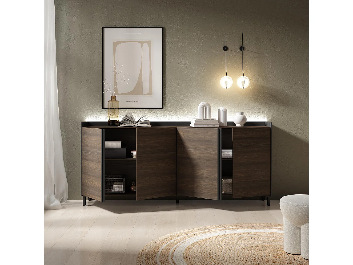 Dressoir, Opbergkast, 207x91x35 cm, 4 Deuren, Industrieel design, LED, Donkere eik en Zwart