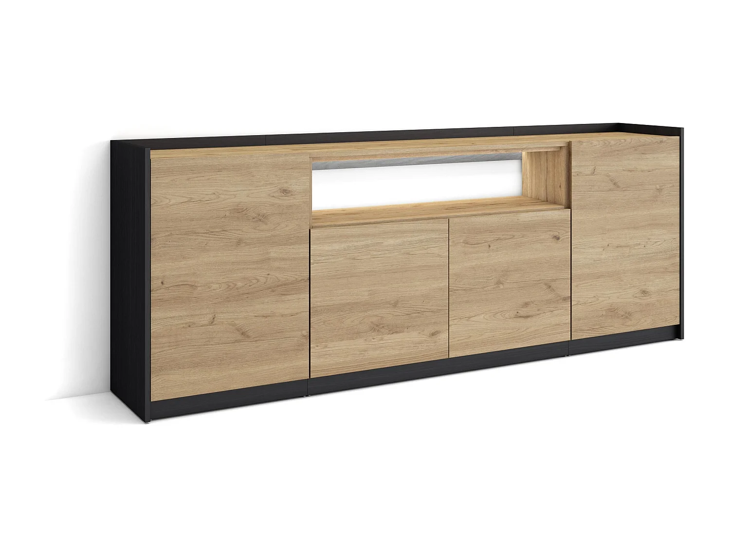 Credenza, Mobile, Cucina, 207x80x37 cm, 4 Porte, LED, Rovere e nero