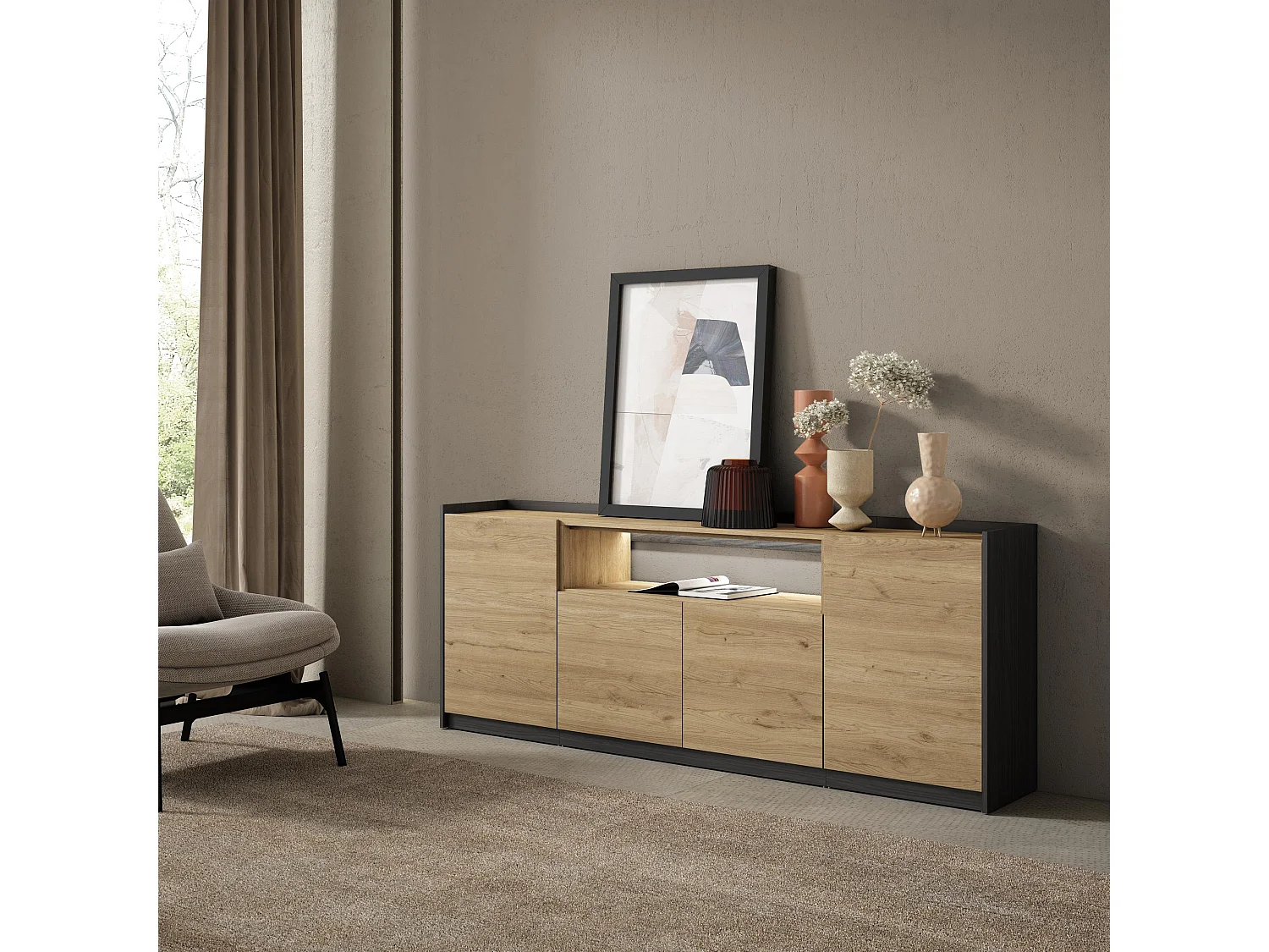 Credenza, Mobile, Cucina, 207x80x37 cm, 4 Porte, LED, Rovere e nero