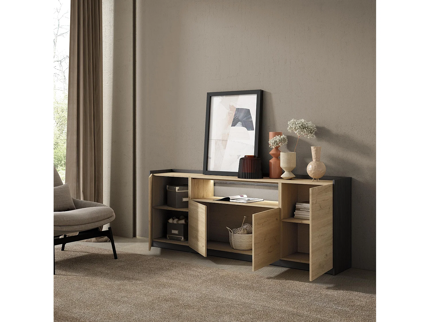 Credenza, Mobile, Cucina, 207x80x37 cm, 4 Porte, LED, Rovere e nero