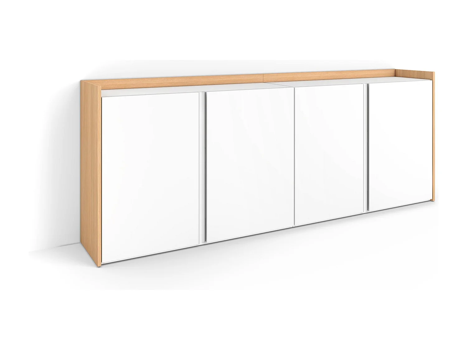 Buffet salon et cuisine, 207x80x35 cm, 4 Portes, Meuble chaussure, Blanc et Chêne Soft
