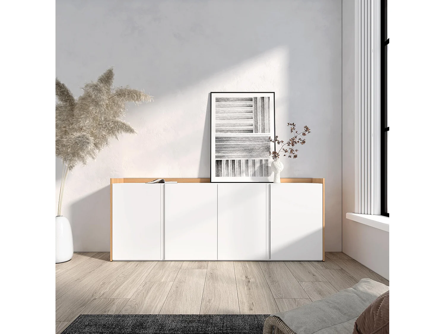 Buffet salon et cuisine, 207x80x35 cm, 4 Portes, Meuble chaussure, Blanc et Chêne Soft