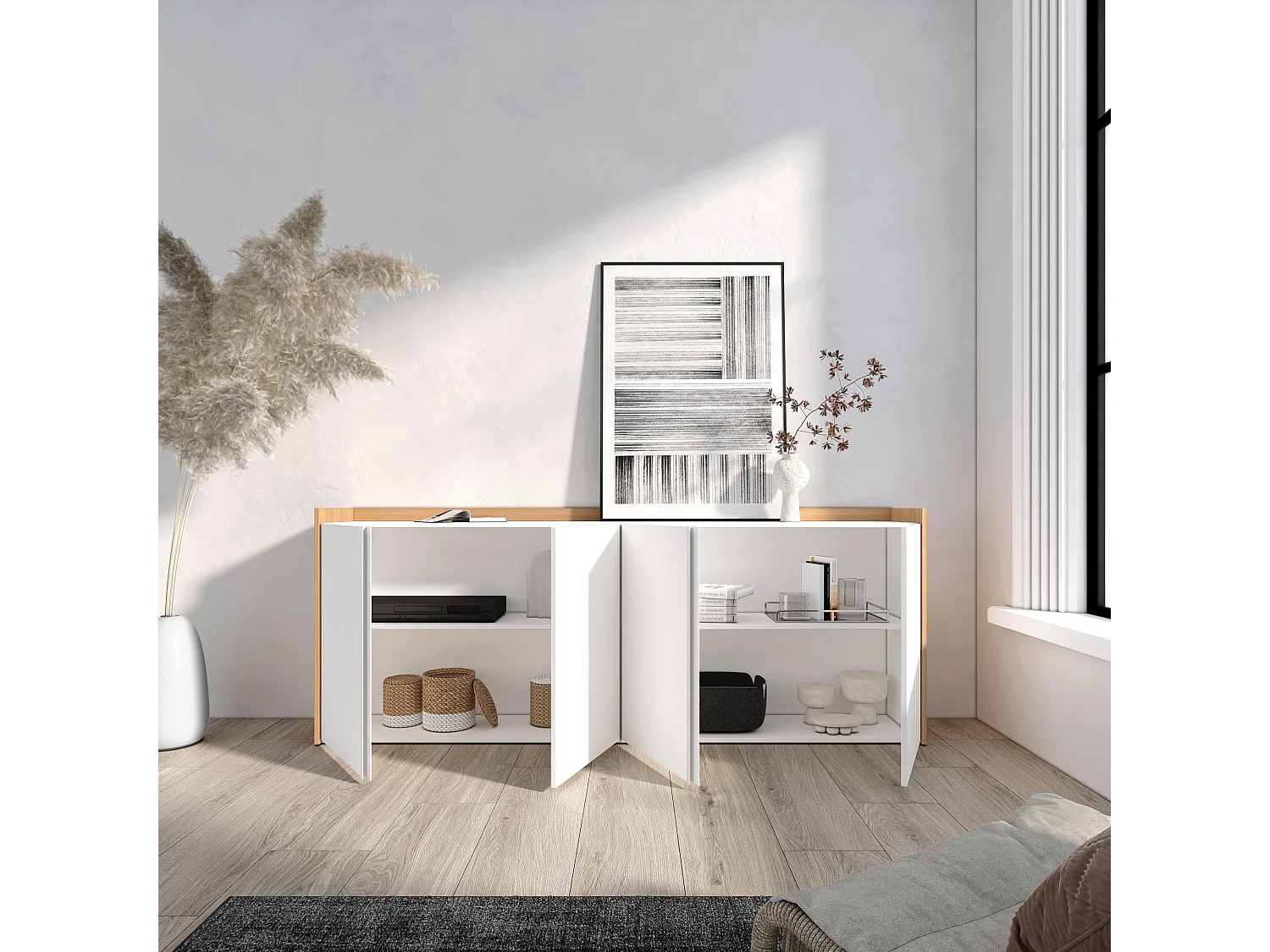 Buffet salon et cuisine, 207x80x35 cm, 4 Portes, Meuble chaussure, Blanc et Chêne Soft