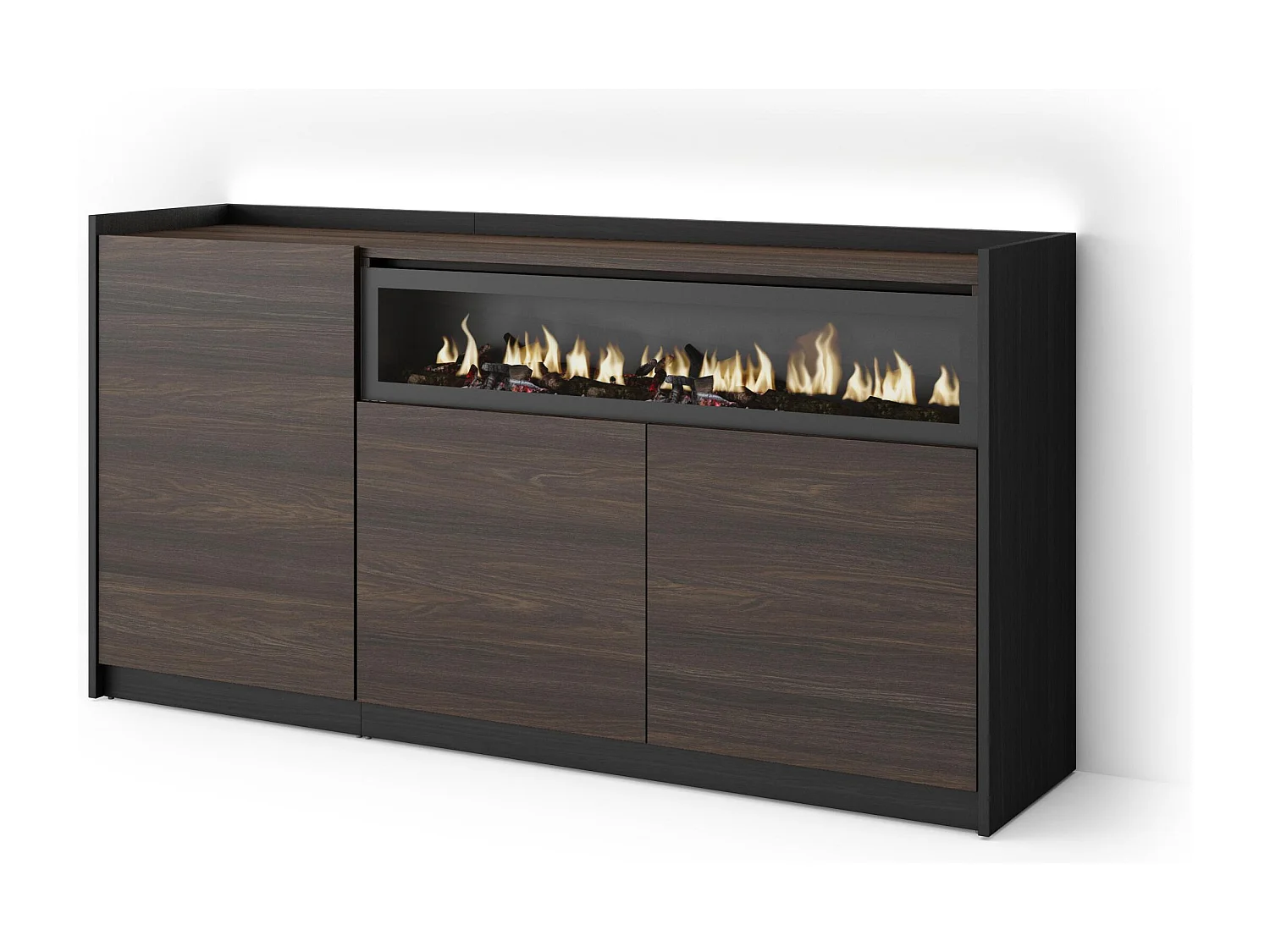 Credenza, Mobile, Cucina, 156x80x37 cm, 3 Porte, Camino elettrico, LED, Rovere scuro e Nero