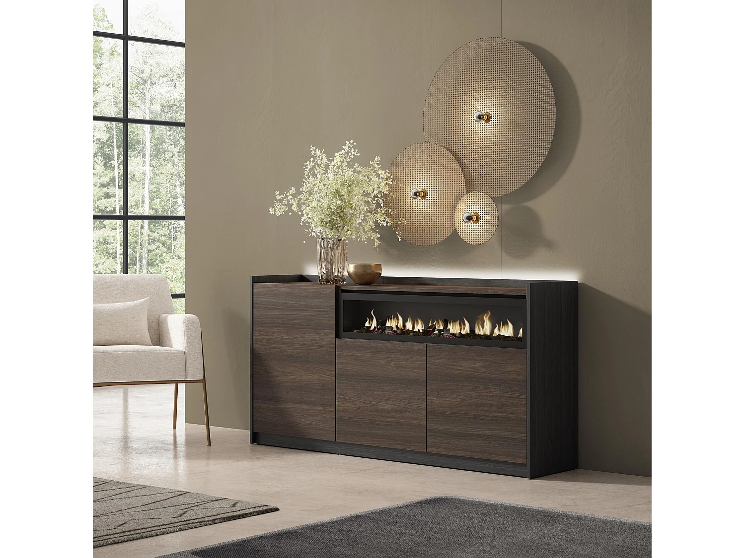 Credenza, Mobile, Cucina, 156x80x37 cm, 3 Porte, Camino elettrico, LED, Rovere scuro e Nero