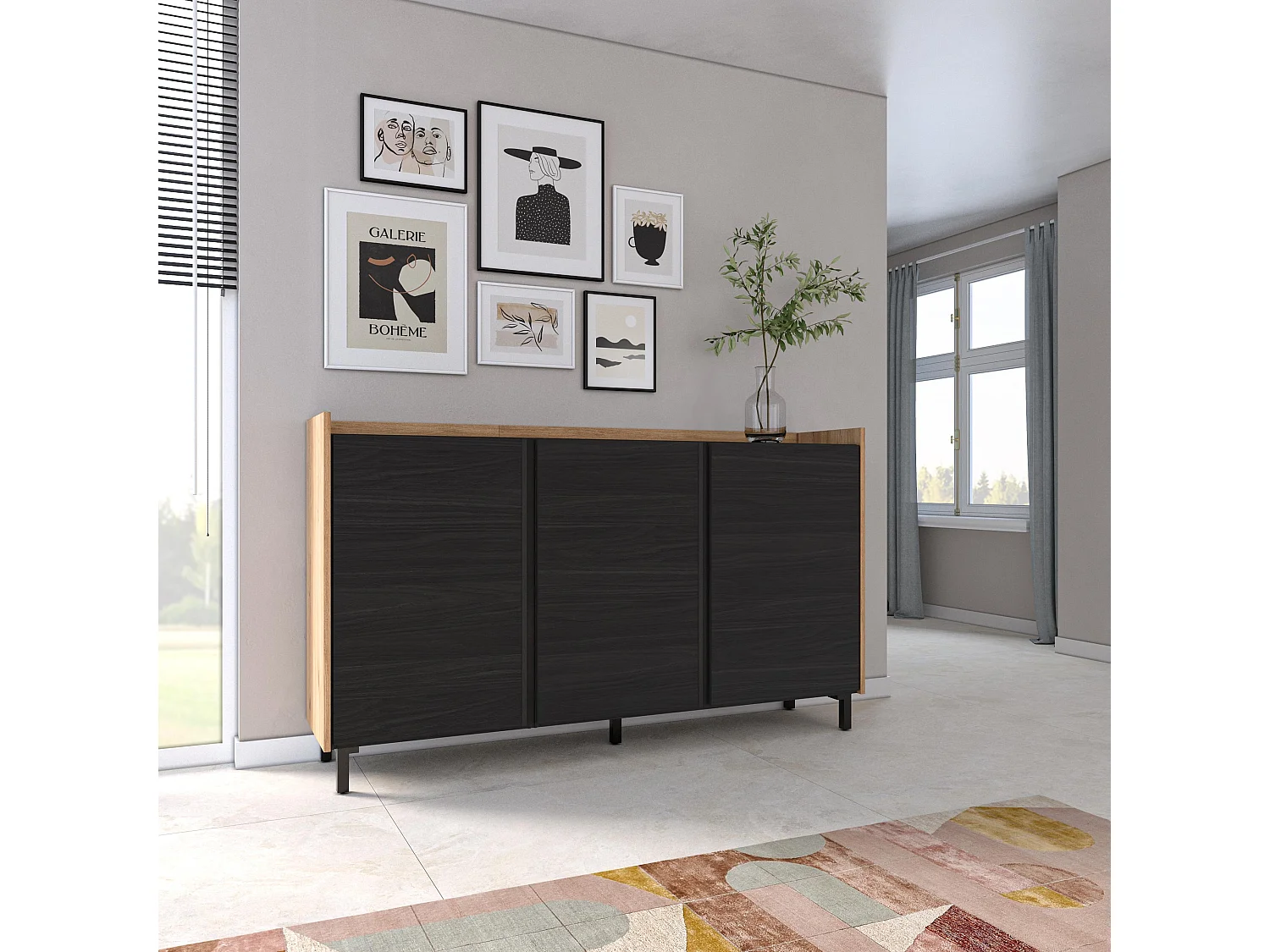 Dressoir, Opbergkast, 156x91x35 cm, 3 Deuren, Industrieel design, Zwart/Eiken