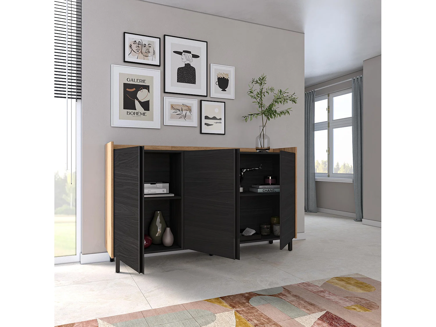 Dressoir, Opbergkast, 156x91x35 cm, 3 Deuren, Industrieel design, Zwart/Eiken