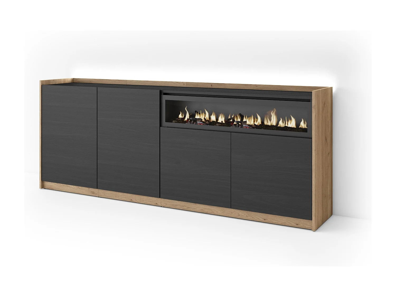 Credenza, Mobile, Cucina, 207x80x37 cm, 4 Porte, Camino elettrico, LED, Nero e rovere