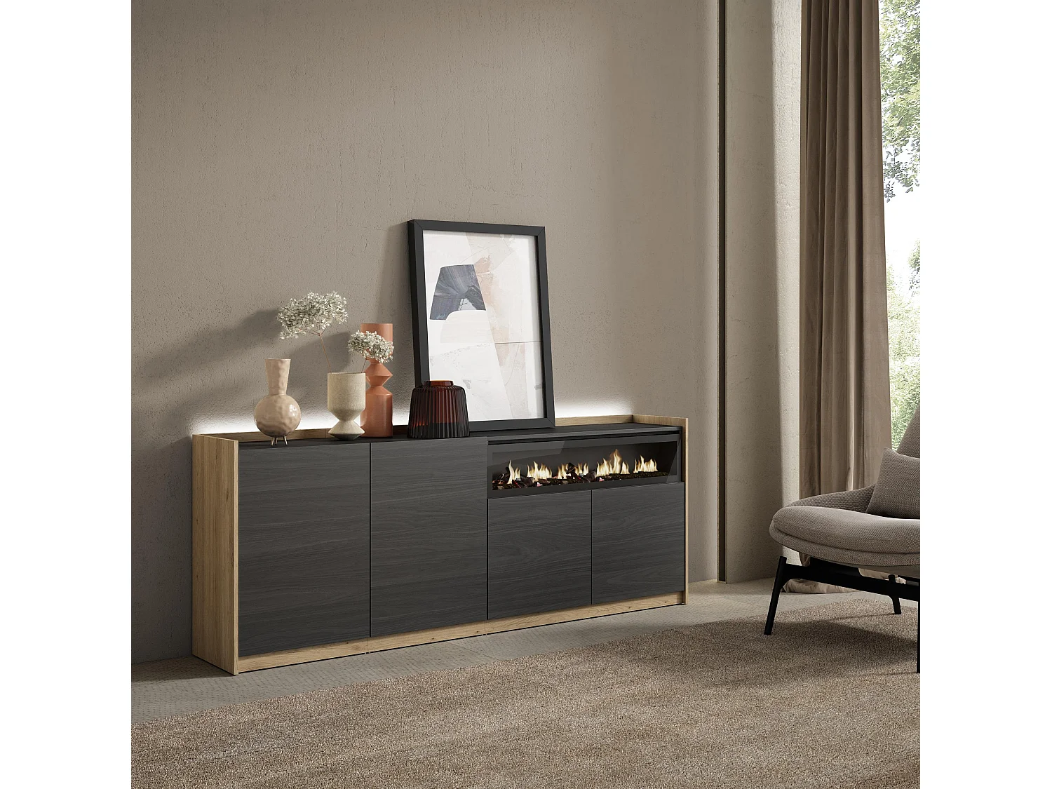 Credenza, Mobile, Cucina, 207x80x37 cm, 4 Porte, Camino elettrico, LED, Nero e rovere