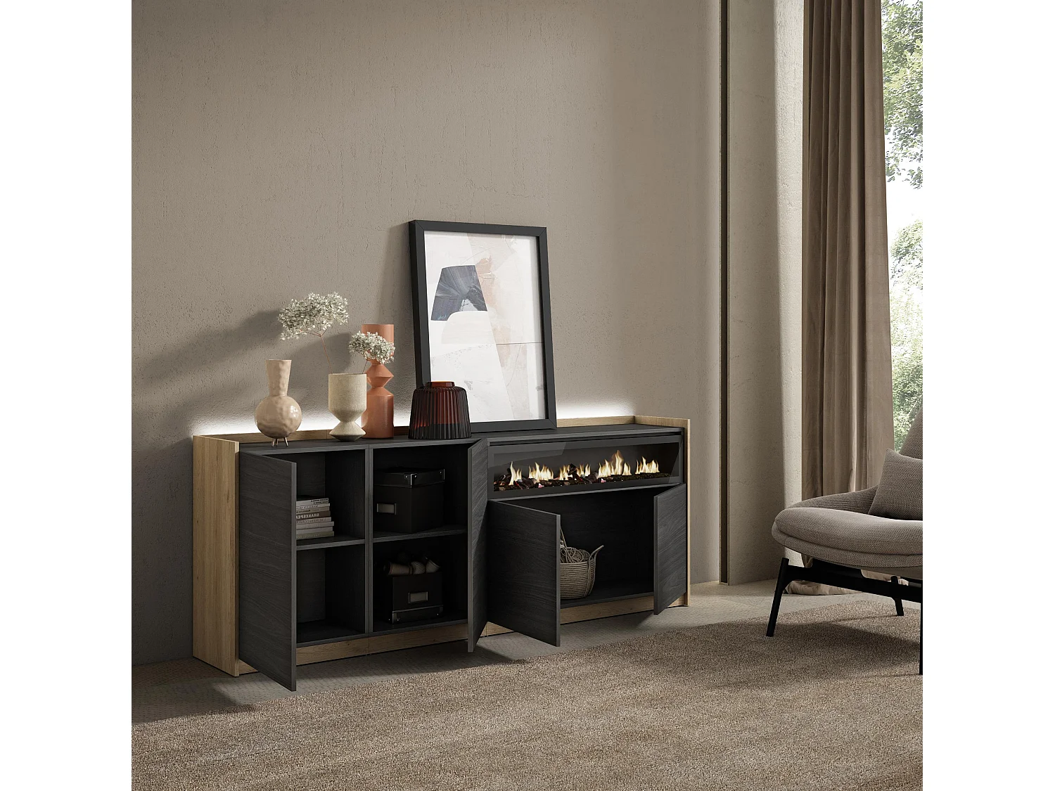 Credenza, Mobile, Cucina, 207x80x37 cm, 4 Porte, Camino elettrico, LED, Nero e rovere