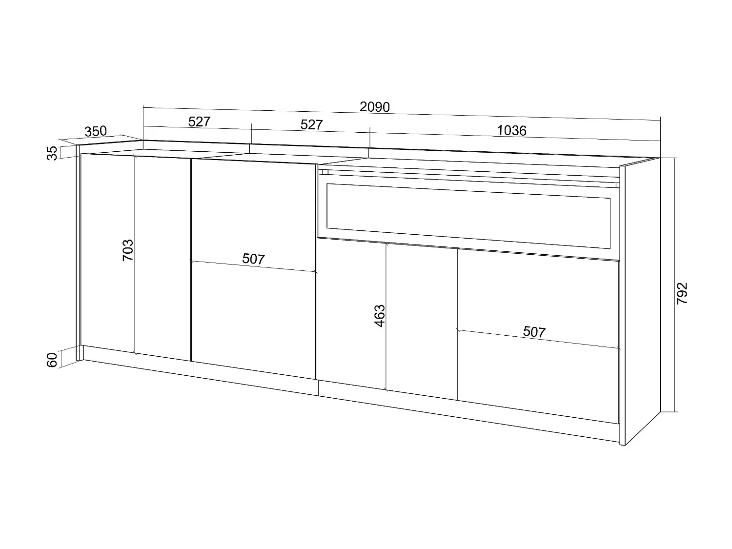 Credenza, Mobile, Cucina, 207x80x37 cm, 4 Porte, Camino elettrico, LED, Nero e rovere