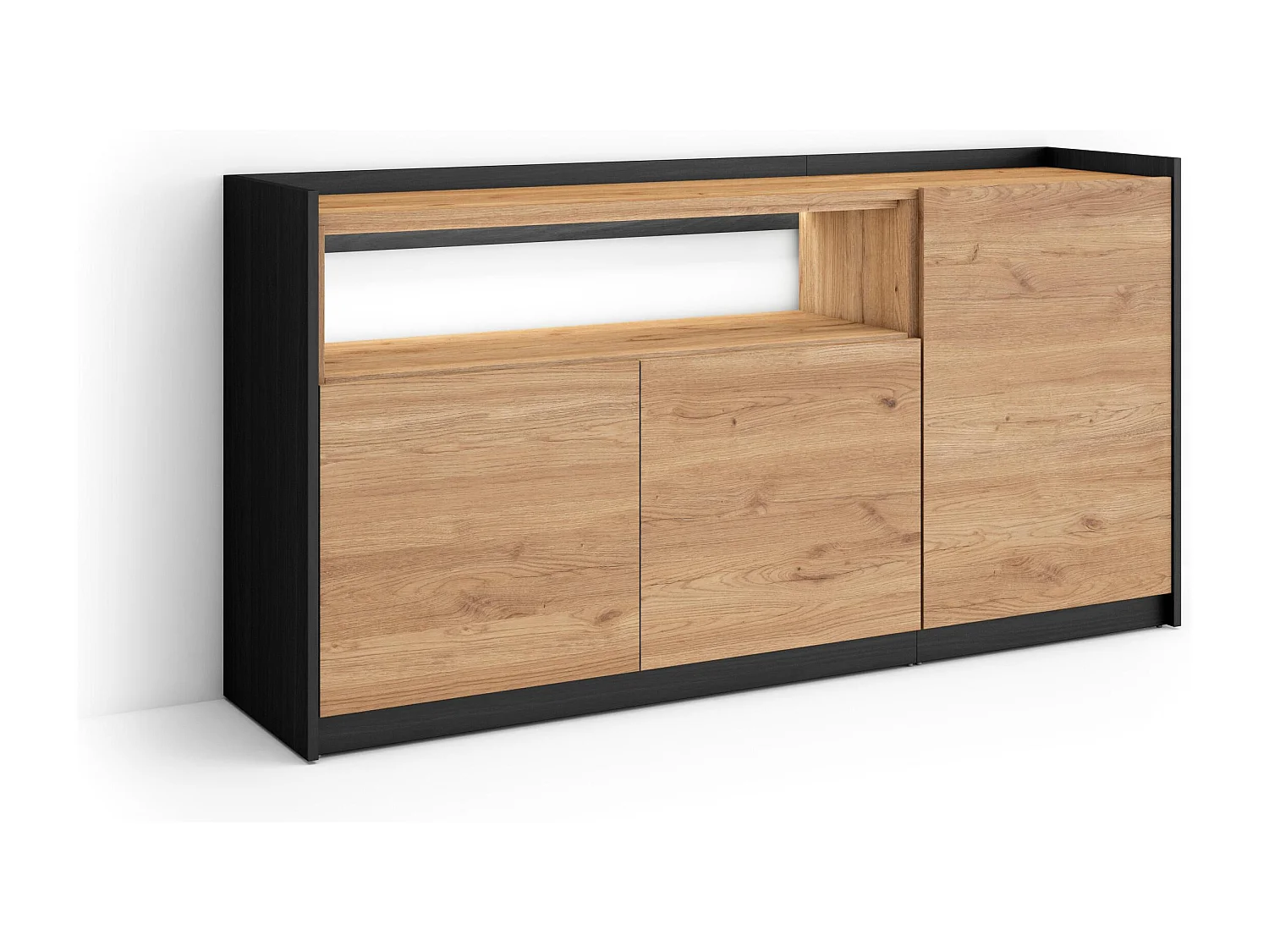 Credenza, Mobile, Cucina, 156x80x37 cm, 3 Porte, LED, Rovere e nero