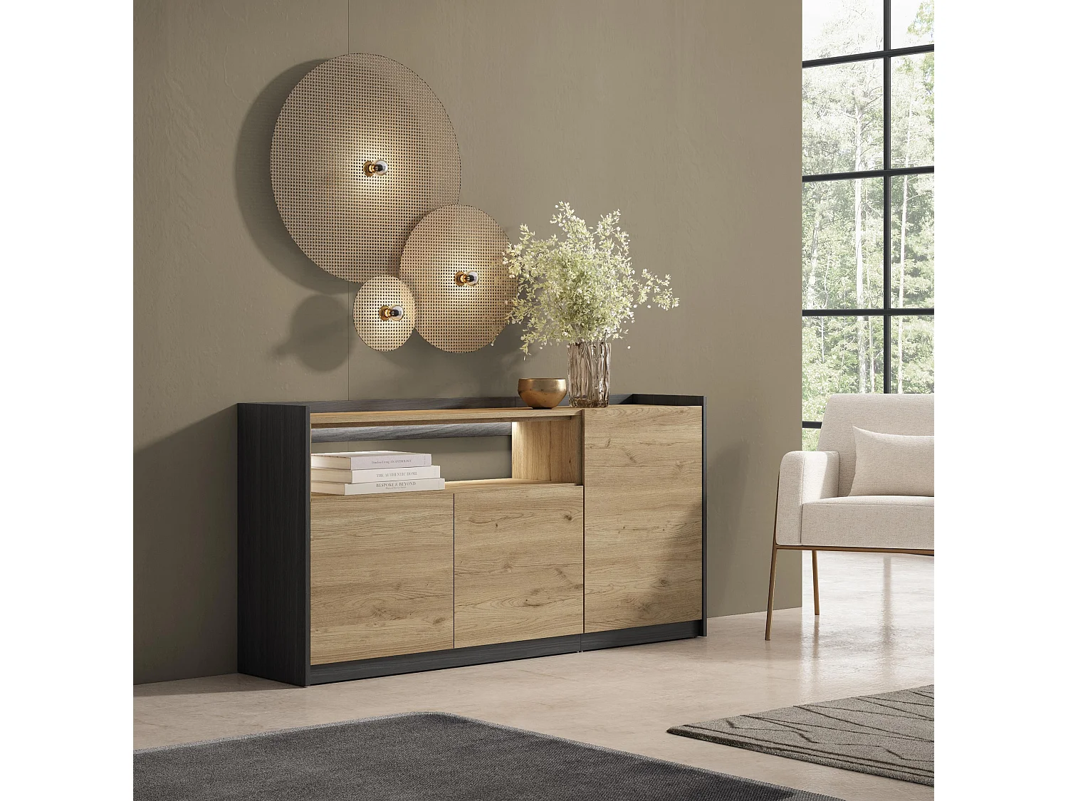 Credenza, Mobile, Cucina, 156x80x37 cm, 3 Porte, LED, Rovere e nero