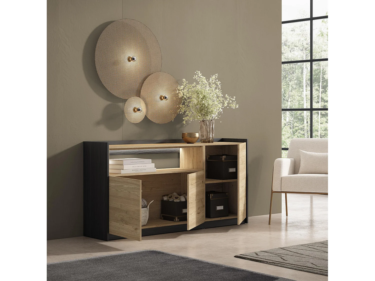 Credenza, Mobile, Cucina, 156x80x37 cm, 3 Porte, LED, Rovere e nero