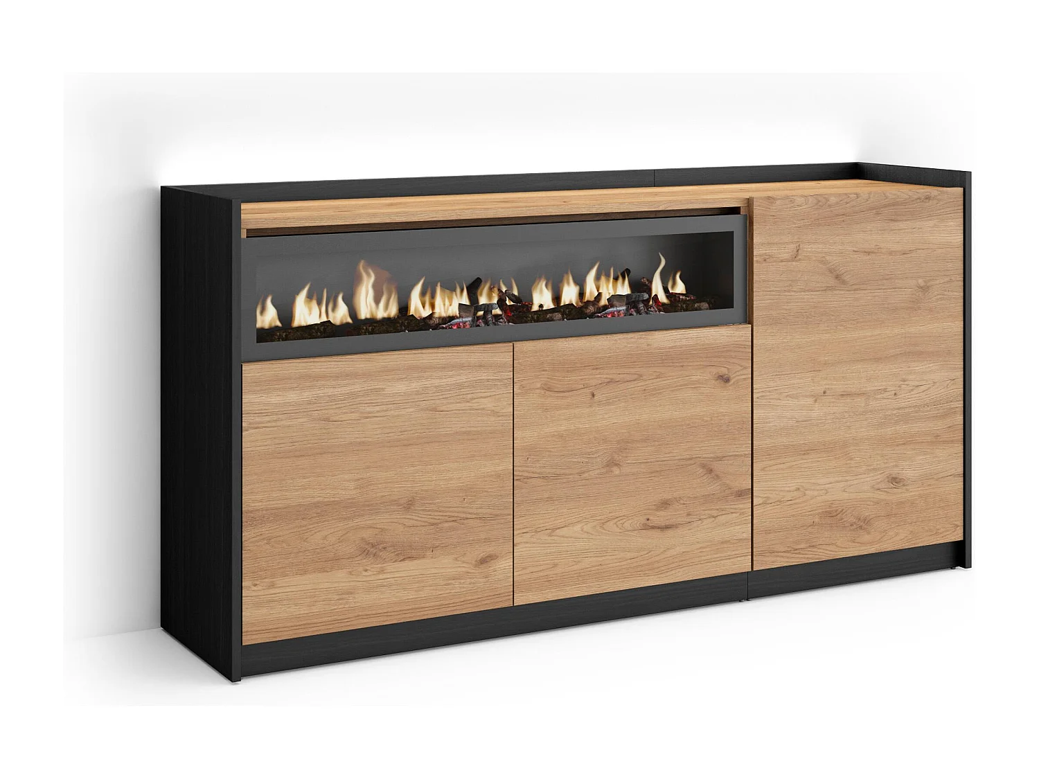 Credenza, Mobile, Cucina, 156x80x37 cm, 3 Porte, Camino elettrico, LED, Rovere e nero