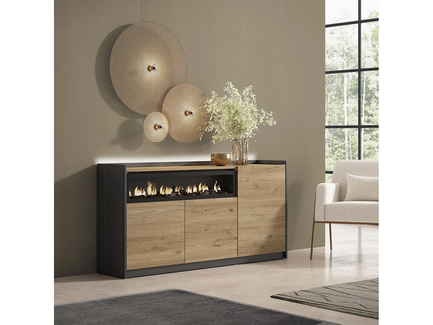 Credenza, Mobile, Cucina, 156x80x37 cm, 3 Porte, Camino elettrico, LED, Rovere e nero
