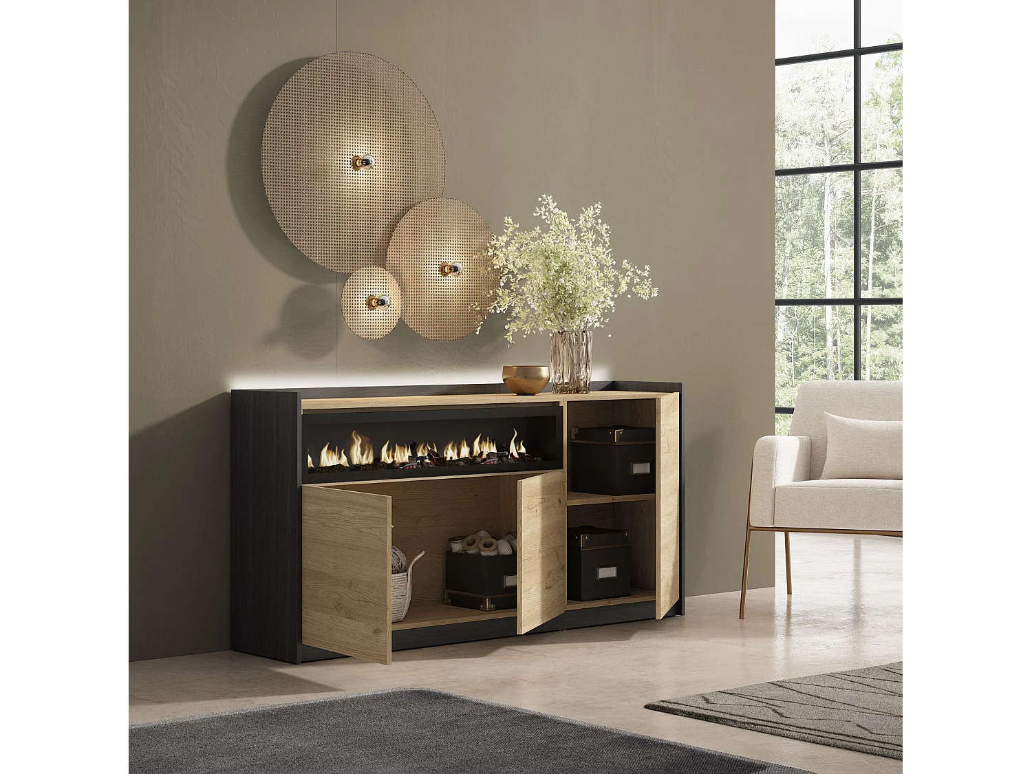 Credenza, Mobile, Cucina, 156x80x37 cm, 3 Porte, Camino elettrico, LED, Rovere e nero