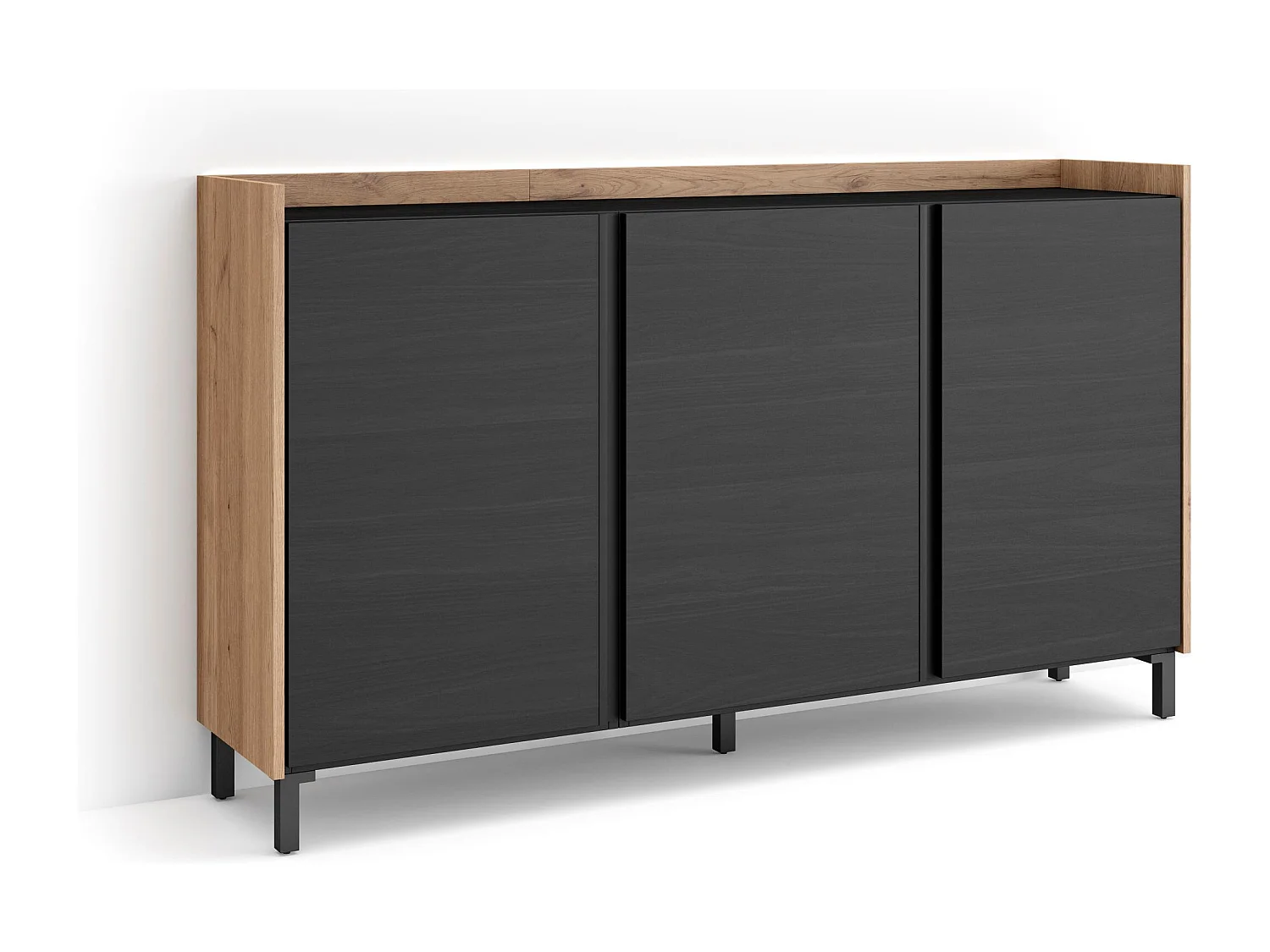 Dressoir, Opbergkast, 156x91x35 cm, 3 Deuren, Industrieel design, LED, Zwart/Eiken