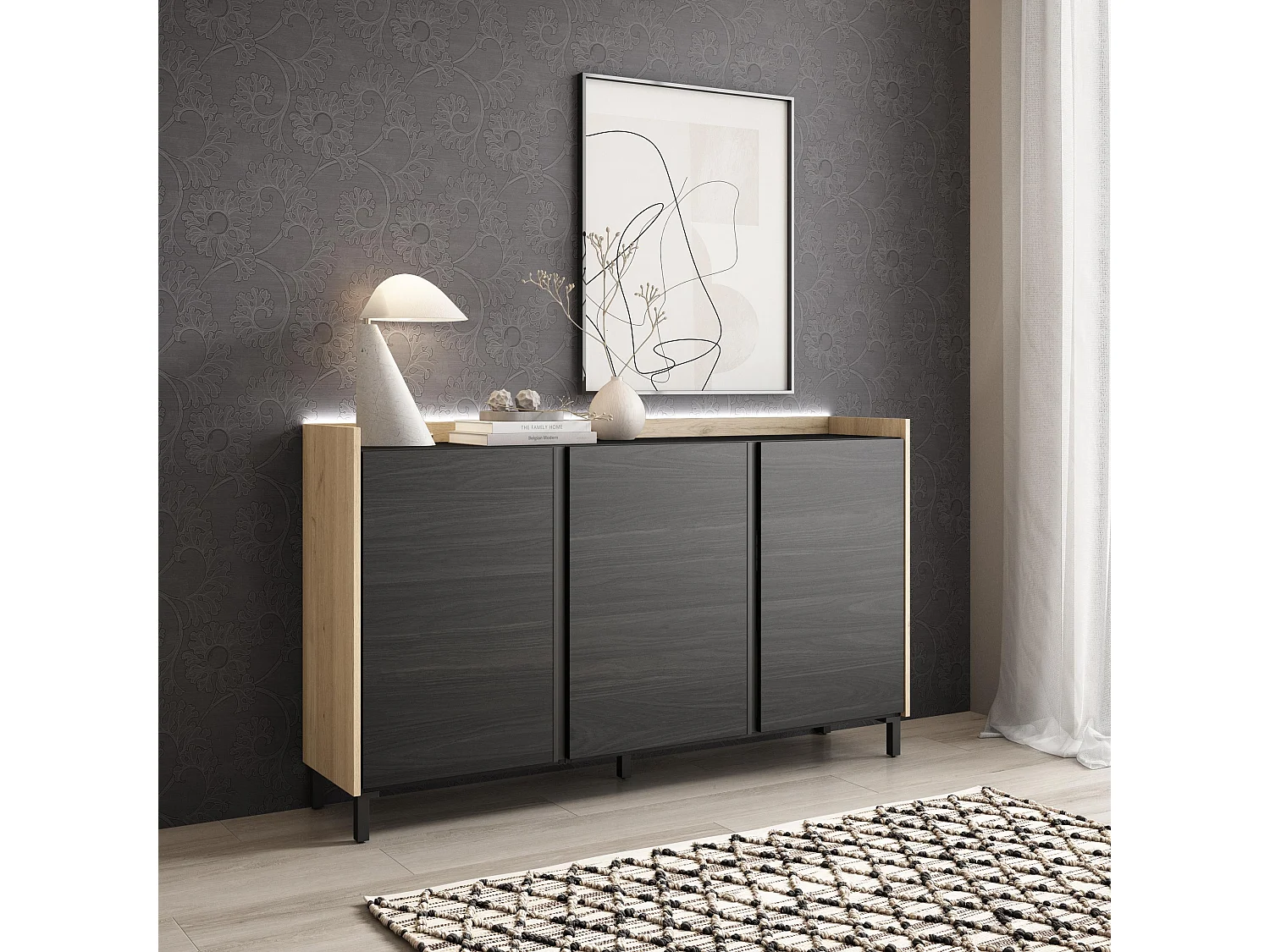 Dressoir, Opbergkast, 156x91x35 cm, 3 Deuren, Industrieel design, LED, Zwart/Eiken