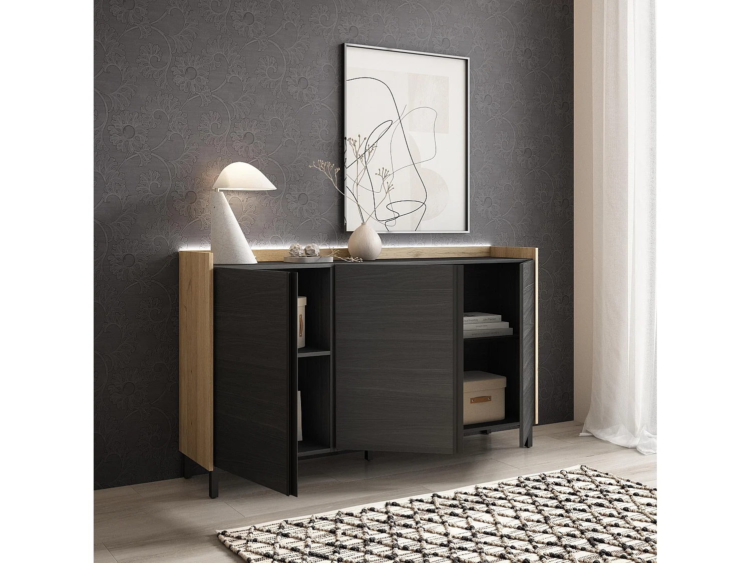 Dressoir, Opbergkast, 156x91x35 cm, 3 Deuren, Industrieel design, LED, Zwart/Eiken