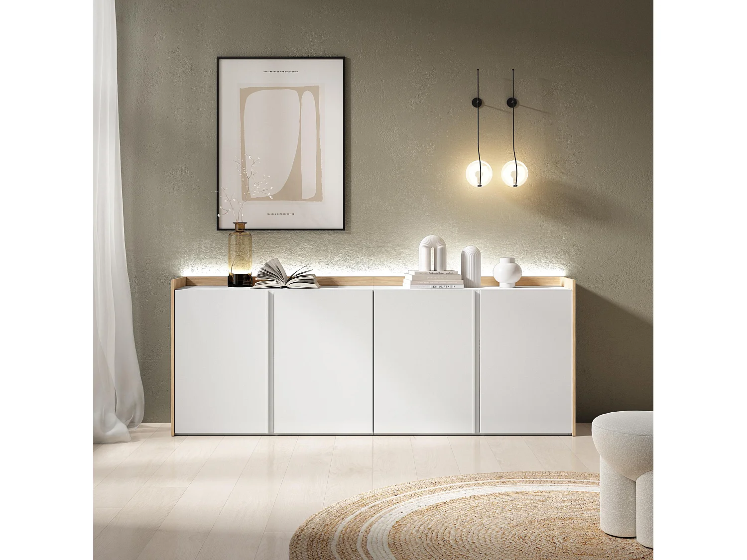 Credenza, Mobile, Cucina, 207x80x35 cm, 4 Porte, LED, Bianco e Rovere soft