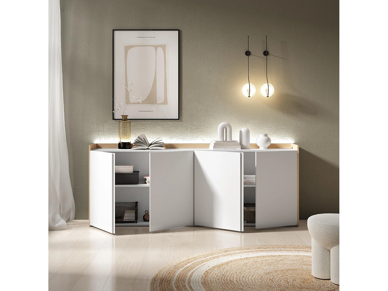 Credenza, Mobile, Cucina, 207x80x35 cm, 4 Porte, LED, Bianco e Rovere soft